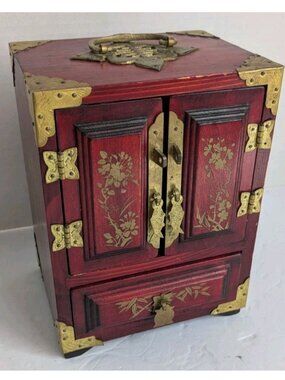 Vintage Chinese Jewelry Cabinet Box Red Wood Brass Mounts Lined Bird Motif 1970s
